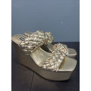 Nine West Platform Wedge Sandals Womens 9.5 Gold Braided Chunky Square Toe Retro
